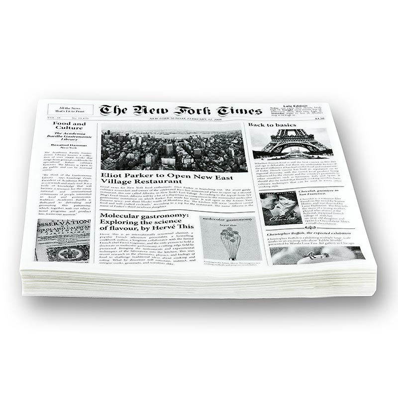 Disposable snack paper with newsprint print, approx. 290x300mm, New Fork Times - 500 sheets - foil Disposable snack paper with newsprint print, approx. 290x300mm, New Fork Times - 500 sheets - foil
