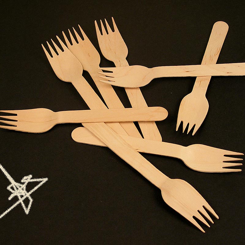Disposable wooden forks, with 4 tines - 100 hours - bag
