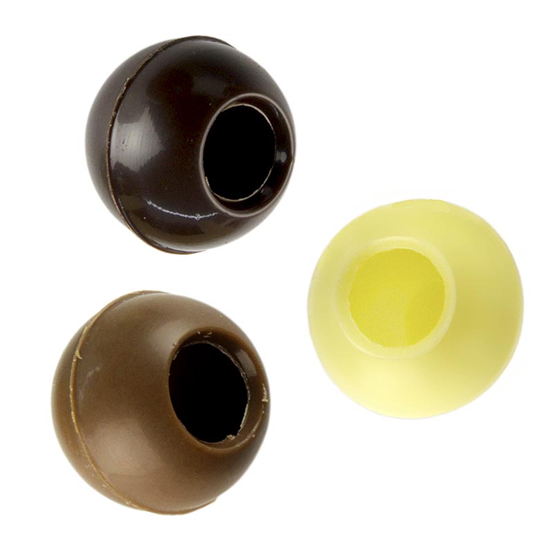 Trüffel-Hohlkugeln, gemischt (126 Vollmilch, 63 Zartbitter, 63 weiß), ø 24mm - 630 g, 252 St - Karton Trüffel-Hohlkugeln, gemischt (126 Vollmilch, 63 Zartbitter, 63 weiß), ø 24mm - 630 g, 252 St - Karton
