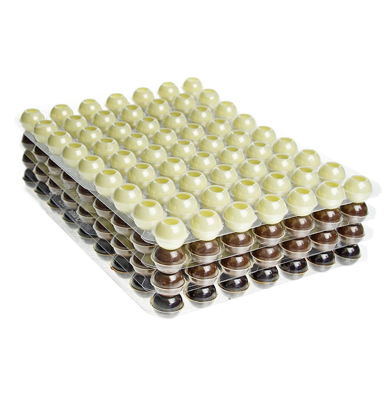 Trüffel-Hohlkugeln, gemischt (126 Vollmilch, 63 Zartbitter, 63 weiß), ø 24mm - 630 g, 252 St - Karton Trüffel-Hohlkugeln, gemischt (126 Vollmilch, 63 Zartbitter, 63 weiß), ø 24mm - 630 g, 252 St - Karton