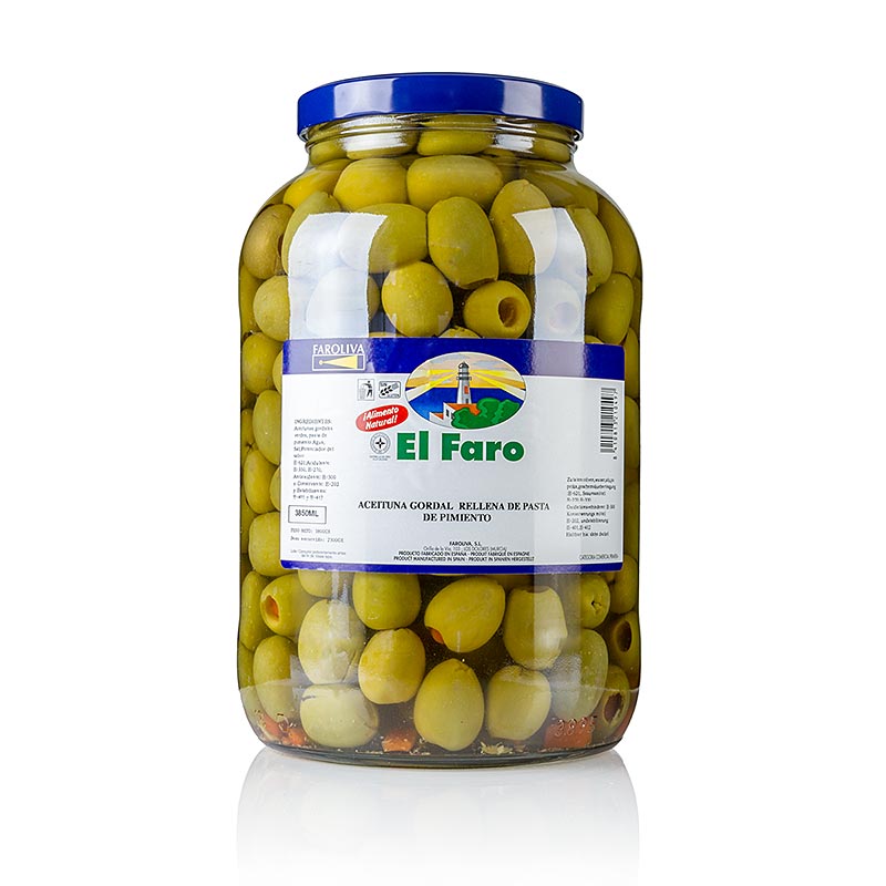 Grüne Riesen-Oliven, mit Paprika, in Lake, El Faro - 3,7 kg - Glas Grüne Riesen-Oliven, mit Paprika, in Lake, El Faro - 3,7 kg - Glas