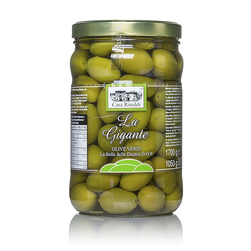 Grønne oliven, med kerne, Gigante Bella di Daunia DOP, Casa Rinaldi - 1,68 kg - glas