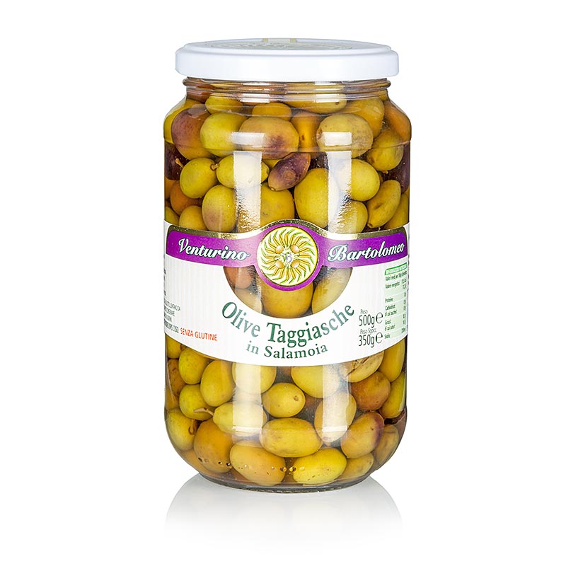 Mélange d`olives, olives vertes et noires Taggiasca, avec noyau, dans le lac, Venturino - 500 g - verre