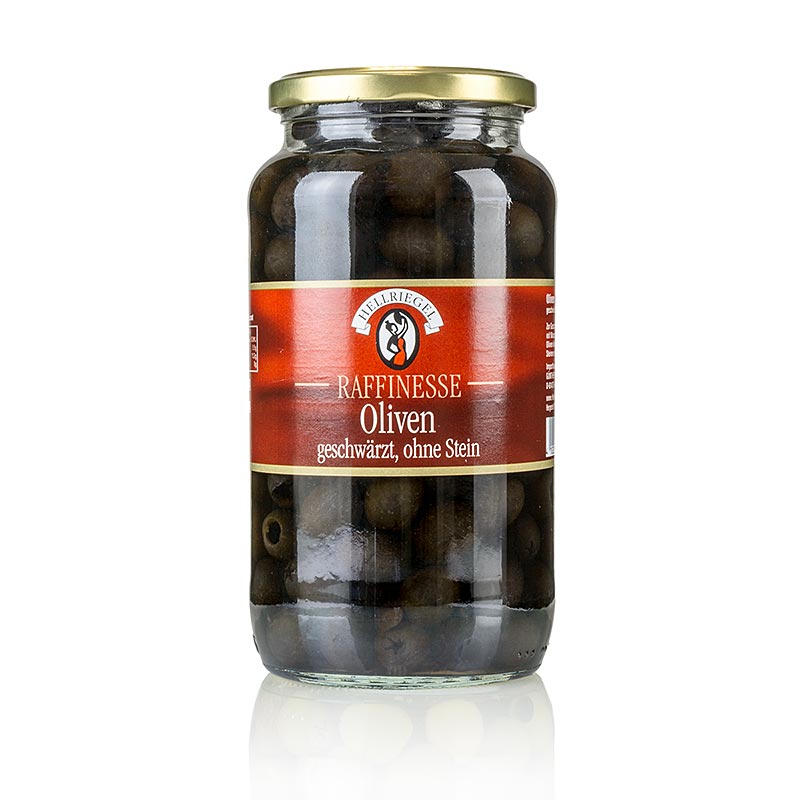Black olives, pitted, blackened, in brine - 935g - Glass