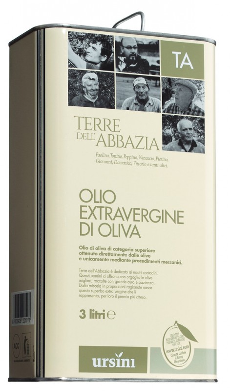 Olio extra vergine Terre dell`Abbazia, Natives Olivenöl extra Terre dell`Abbazia, Ursini - 3.000 ml - Dose Olio extra vergine Terre dell`Abbazia, Natives Olivenöl extra Terre dell`Abbazia, Ursini - 3.000 ml - Dose