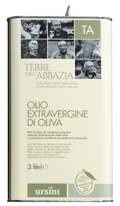 Olio extra virgin Terre dell`Abbazia, extra virgin olive oil Terre dell`Abbazia, Ursini - 3,000 ml - can
