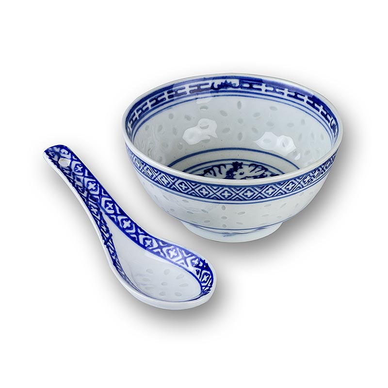 Reis-Löffel und -Schälchen, weiß / blau, China, Ø 11 cm - 1 St - Karton Reis-Löffel und -Schälchen, weiß / blau, China, Ø 11 cm - 1 St - Karton