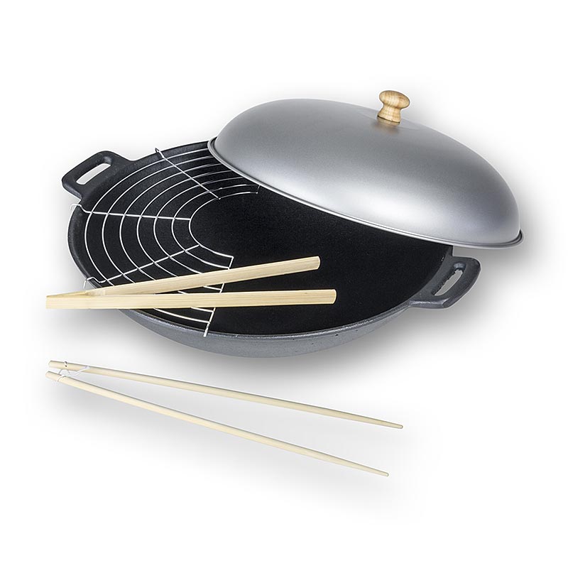 Wokset, Gußeisen, Deckel, Ablage, Holzzange, Stäbchen, ø 34cm - 5 tlg. - Karton Wokset, Gußeisen, Deckel, Ablage, Holzzange, Stäbchen, ø 34cm - 5 tlg. - Karton