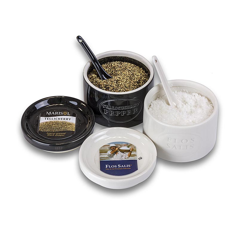 Keramikset, Salzgefäß, Flos Salis® 100g + Pfeffergefäß, Tellicherry 70g + Löffel - 170 g, 4 tlg. - Folie Keramikset, Salzgefäß, Flos Salis® 100g + Pfeffergefäß, Tellicherry 70g + Löffel - 170 g, 4 tlg. - Folie