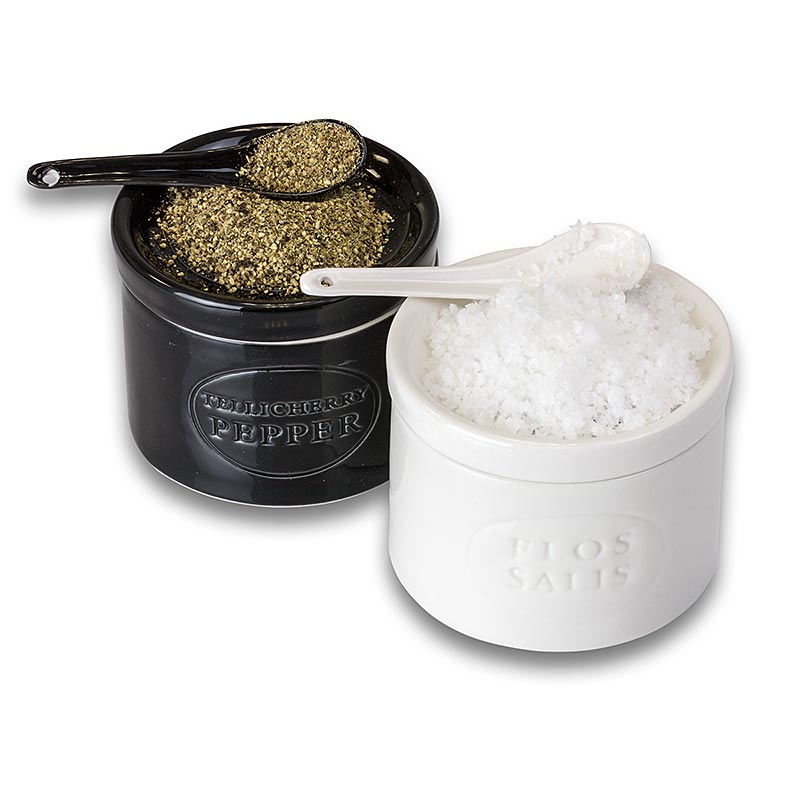 Keramikset, Salzgefäß, Flos Salis® 100g + Pfeffergefäß, Tellicherry 70g + Löffel - 170 g, 4 tlg. - Folie Keramikset, Salzgefäß, Flos Salis® 100g + Pfeffergefäß, Tellicherry 70g + Löffel - 170 g, 4 tlg. - Folie