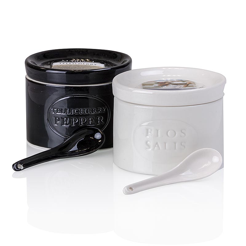 Keramikset, Salzgefäß, Flos Salis® 100g + Pfeffergefäß, Tellicherry 70g + Löffel - 170 g, 4 tlg. - Folie Keramikset, Salzgefäß, Flos Salis® 100g + Pfeffergefäß, Tellicherry 70g + Löffel - 170 g, 4 tlg. - Folie