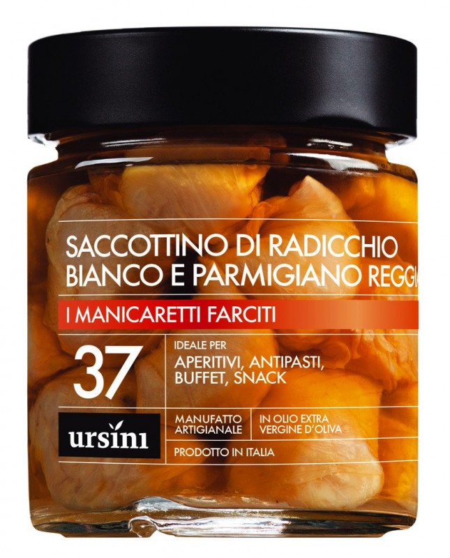 Weiße Radicchiopäckchen mit Parmesan, Saccottino di Radicchio Bianco e Parmigiano, Ursini - 250 g - Glas Weiße Radicchiopäckchen mit Parmesan, Saccottino di Radicchio Bianco e Parmigiano, Ursini - 250 g - Glas