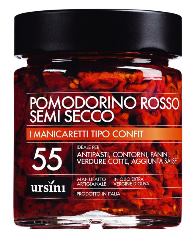 Halbgetrocknete Tomaten in Olivenöl, Pomodorino rosso semisecco, Ursini - 250 g - Glas Halbgetrocknete Tomaten in Olivenöl, Pomodorino rosso semisecco, Ursini - 250 g - Glas