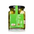 Green manzanilla olives, with core, with garlic and rosemary, San Carlos Gourmet - 300 g - Glass