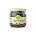 Sorte oliven, udstenede, med timian, i solsikkeolie, Arnaud - 220 g - Glas