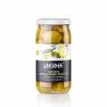Zaitun hijau Chalkidiki diadu, dengan limau, Lakudia - 355 g - kaca