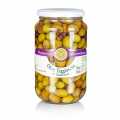 Barreja d`olives, olives Taggiasca verdes i negres, amb pinyol, en salmorra, Venturino - 500 g - Vidre